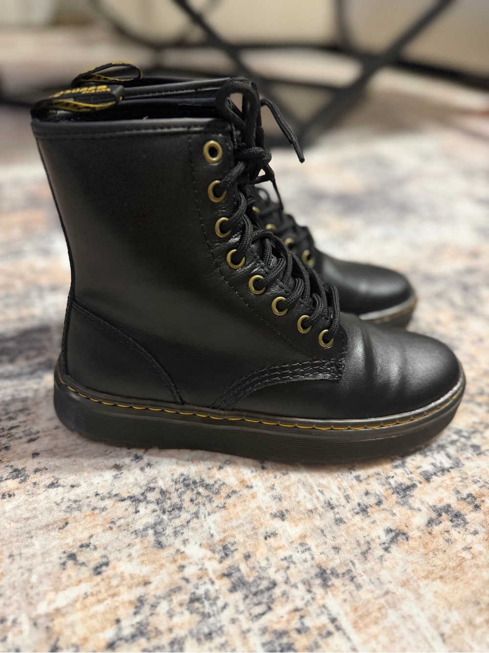 Dr. Martens Kids Black Leather Lace-Up Combat Boots with Yellow Stitching